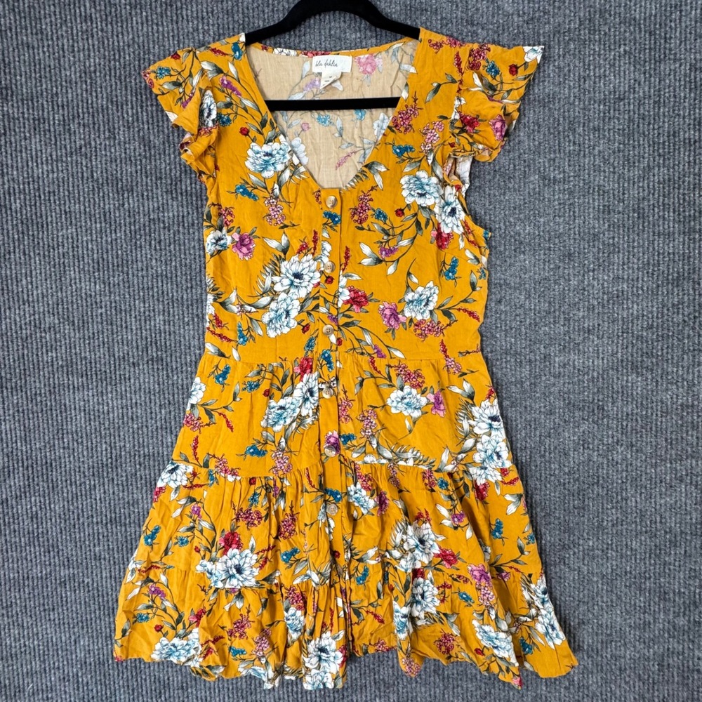 Blu Dahlia Womens M Yellow Floral Boho Cottagecore Ruffle‎ Tiered Festival Dress
